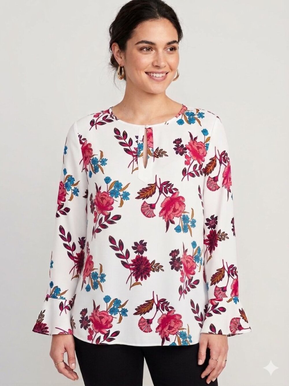 LOFT White Floral Print Keyhole Blouse Bell Sleeve Sz M
